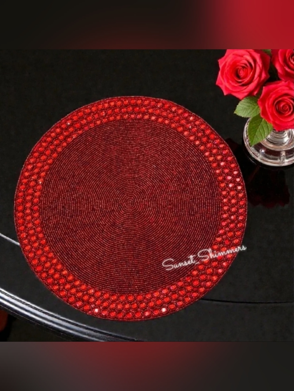 4 TAHARI Vampire Red Jeweled Glass Beaded Charger Placemats 15” Round NEW